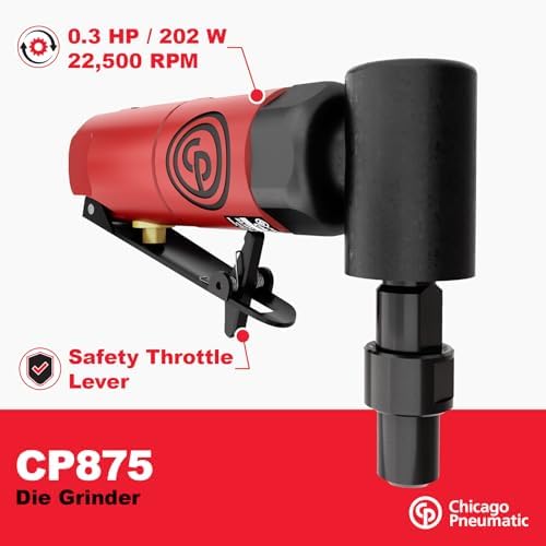 Chicago Pneumatic CP875 Kit - Air Die Grinder Tool, Welder, Woodworking, Automotive Car Detailing, Stainless Steel Polisher, Heavy Duty, Right Angle Grinder, 1/4 Inch (6 mm), 0.3 HP/ 220W - 22500 RPM