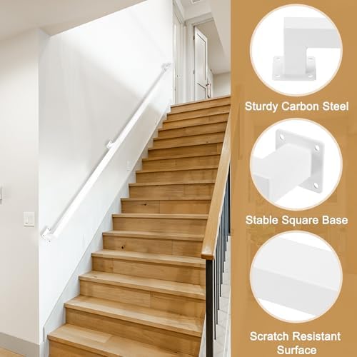 DTGN Stair Railing Indoor 4FT - Square Tube Handrail Metal Staircase Wall Mounted Handrails for Home Indoor Stairs Loft - Non-Slip W/Screws & Expansion Tube & Hex Wrench - White