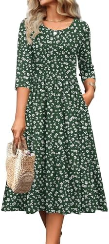 Zeagoo 3/4 Sleeve Women's Dress Casual Aline Summer Fall Midi Long Dresses