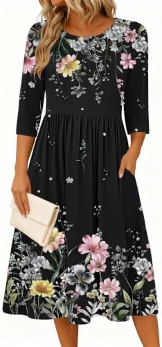 Zeagoo 3/4 Sleeve Women's Dress Casual Aline Summer Fall Midi Long Dresses