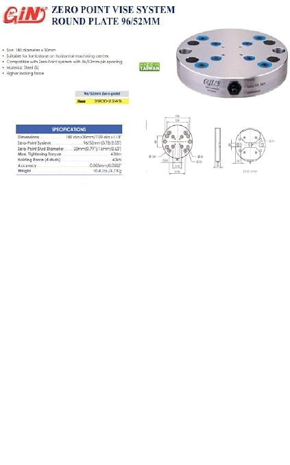 HHIP 3900-2245 52/96mm Pin Spacing Zero-Point Round Plate for 5-Axis CNC Vise