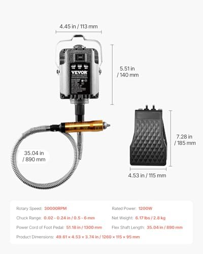 VEVOR Flex Shaft Grinder, 1200W 30,000RPM Electric Flex Shaft Rotary Tool Carver, Multi-functional Hanging Grinding Machine with 31PCS Accessories & Foot Pedal for Carving Buffing Drilling Polishing