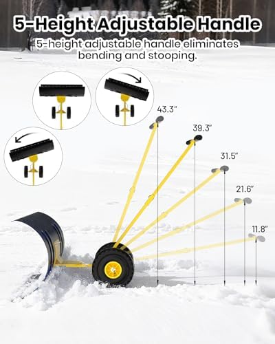 Garvee Snow Pusher with Wheels, 29" Heavy Duty Steel Blade, Adjustable Angle & Height Handle for Effortless Driveway Snow Removal, Ground Protection Base.