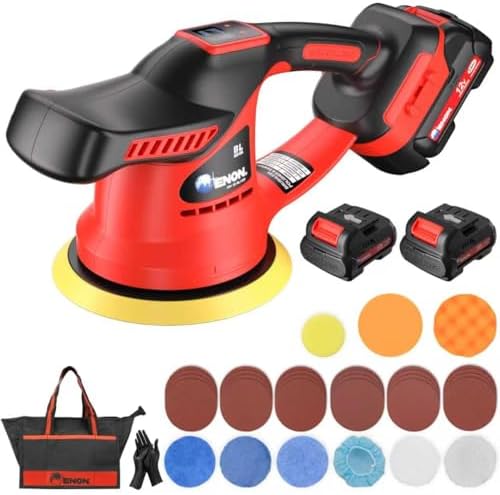ENON Cordless Car Buffer Polisher Kit（2X 2000mAh 12V Batteries&34 PCS Attachments）- Brushless Dual Action Random Orbital Polishing with 6-Speed 6000RPM for Auto Detailing, Waxing & Paint Correction