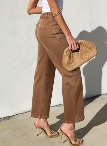 Sidefeel Women's Straight Leg Jeans High Waisted Stretchy Jeans Zimbaplatinum Wide Leg Ankle Denim Pants with Pockets