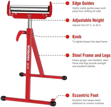 WORKPRO Folding Roller Stand Height Adjustable, Heavy Duty 250 LB Load Capacity, Outfeed Woodworking (Upgraded head), 2PCS
