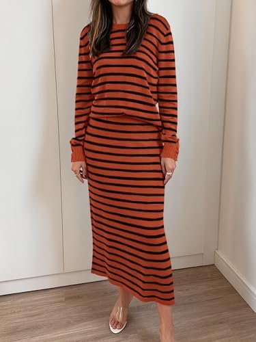 ANRABESS Women 2 Piece Striped Sweater Skirt Set