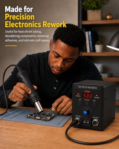 Beginner-Friendly Hot Air Rework Station with LED Display, Digital Heat Gun Kit for Heat Shrink Tubing, Small Electronics Repair, Component Removal, DIY Projects and Home Workbench Use