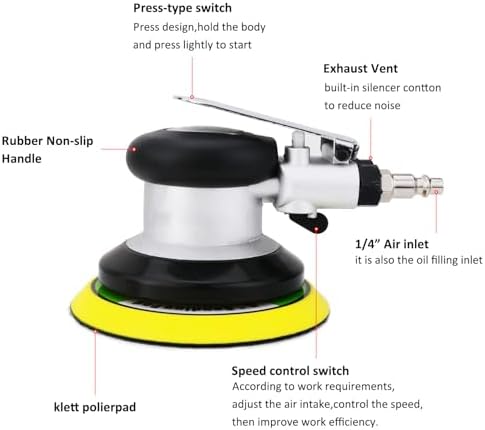 5 inch Pneumatic Orbital Sander, Air Sander with Hook and Loop Sanding Pad for Woodworking, Autobody Work(Silver)