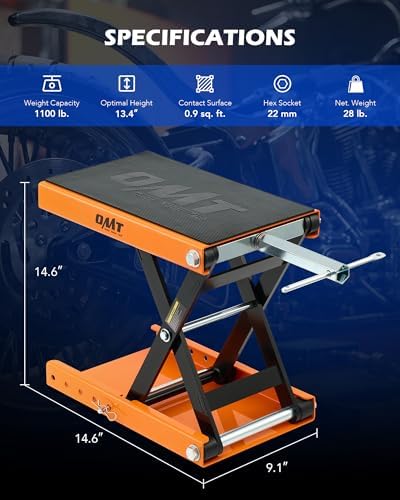 OMT Motorcycle Lift, 1100lb Crank Hoist Stand with T Handle, 3/8" Socket | Orange Scissor Lift Jack; Center Stand With Wide Deck; Chain Brush Included; Ideal For ATV, Dirt Bike, Cruiser Maintenance