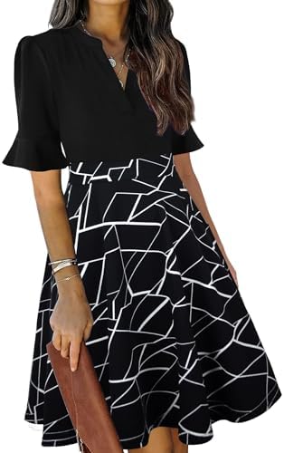 Mokayee Womens Summer V Neck Ruffle Short Sleeve Fit and Flare Knee Length Church Wedding Guest Dresses with Pockets