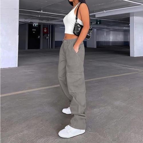 Lepunuo Cargo Pants for Women High Waisted Casual Pants Baggy Stretchy Wide Leg Y2K Streetwear with 6 Pockets