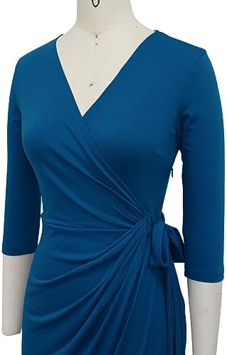 Berydress Women's 3/4 Sleeve V Neck Casual Party Work Faux Black Wrap Dress