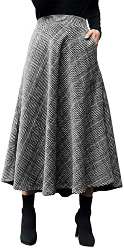 IDEALSANXUN Womens Plaid Wool Skirts Elastic Waist A-Line Pleated Tartan Long Skirts