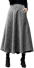 IDEALSANXUN Womens Plaid Wool Skirts Elastic Waist A-Line Pleated Tartan Long Skirts