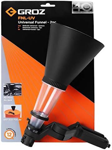 Groz Universal Hands-Free Oil Funnel, Spring-Loaded Plier Clamp Fits 1" to 3-1/8" (25-80 mm) Fill Openings, PP/PC Construction for Engine Oil, Diesel, Gasoline (41940)