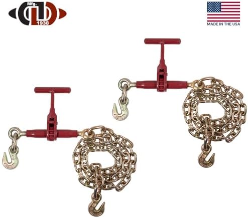 2 Pack 5/16"-3/8" Durabilt T-Handle Ratchet Chain Binder with 6' Chain Extension & Grab Hooks - 7,100 lbs WLL Heavy Duty Tie Down Hauling Load Chain Binders for Flatbed Trailer