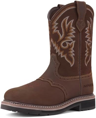 HISEA NINGO Steel Toe Work Boots for Men Square Toe Cowboy Boots Soft Toe
