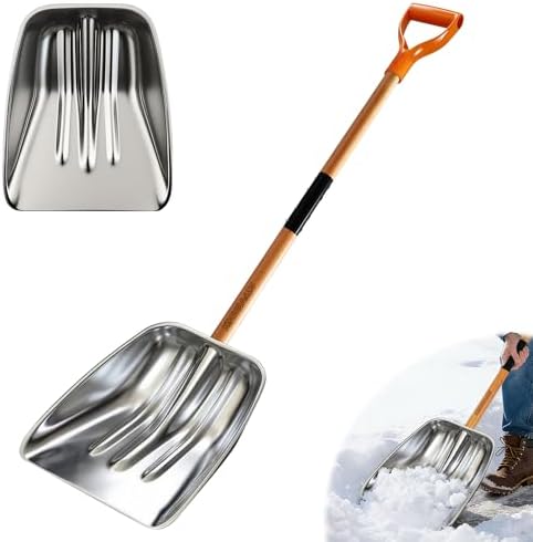 Scoop Shovel, Snow Shovel for Driveway, Non-Slip Wood Handle, D-Handle