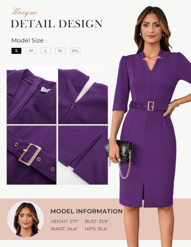 GRACE KARIN Women's Work Dress 3/4 Sleeve V Neck Bodycon Dress with Belt