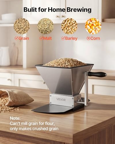VEVOR Manual Grain Mill, Homebrew Malt Grinder, Adjustable Barley Mill Crusher for Wheat Beer Brewing - with 2 Stainless Steel Rollers, 1.06 Gallon Hopper & Metal Base Plate