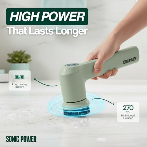 SonicPower Electric Spin Scrubber – Handheld & Ergonomic, IPX7 Waterproof, 4 Multi-Purpose Brush Heads, Long-Lasting Rechargeable Battery – Cleans Dishes, Bathroom, Tile, Grout & Kitchen (Sage)