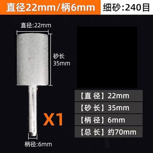 6-40mm Diamond Grinding Wheel Cylinder Shape, 240 Grit Mounted Points for Lapidary Glass Stone Carving, 6-8mm Shank Rotary Accessories (1 PC)(22mm)