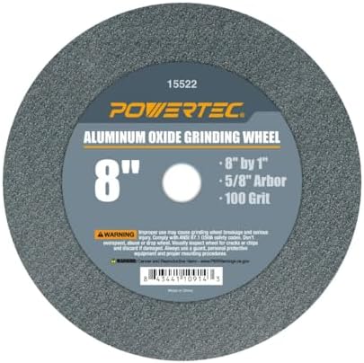 POWERTEC Bench Grinder Wheel 8 Inch 100 Grit, Aluminum Oxide Grinding Wheel for Bench Pedestal Grinder, 1" Thick 5/8" Arbor, Sharpening & Shaping Drill Bits, Blade, and Chisel 1PK (15522)