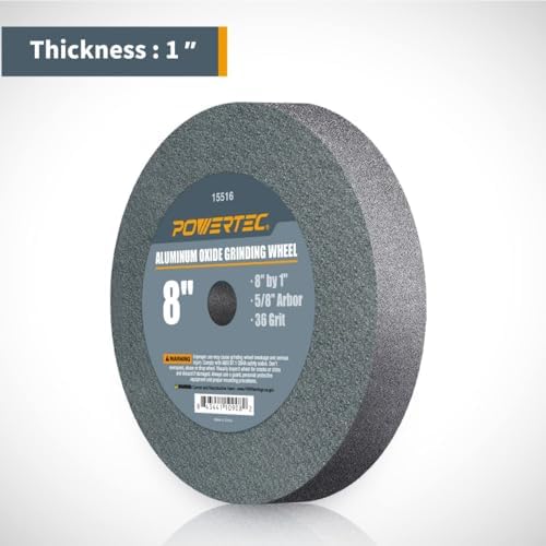 POWERTEC Bench Grinder Wheel + Diamond Wheel Dresser 8 Inch 36 & 120 Grit, Aluminum Oxide Grinding Wheel for Bench Pedestal Grinder, 1" Thick 5/8" Arbor, Sharpening Shaping Blade, Chisel, Drill Bits