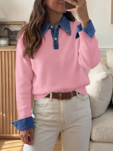 Saodimallsu Womens Denim Patchwork Sweaters V Neck Polo Pullover Tops