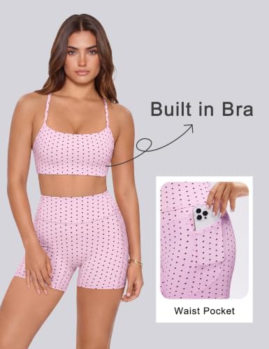 SUUKSESS Women 2 Piece Workout Sets Padded Halter Sports Bras High Waisted Biker Shorts with Pockets