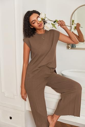 Ekouaer Lounge Sets for Women Two Piece Outfits Knit Cap Sleeve Tops Wide Leg Pleated Pants Casual Dressy Sweater Sets