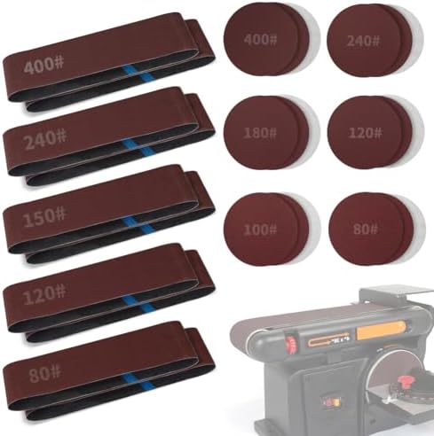 Sanding Belts & PSA Sanding Discs Set - 10 Pack 4x36 Inch Aluminum Oxide Belts (80/120/150/240/400 Grit) and 18 Pack 6-Inch Self-Adhesive Discs (80/100/120/180/240/400 Grit) for Wood, Metal Polishing
