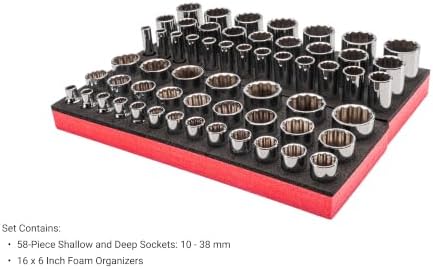 TEKTON 1/2 Inch Drive 12-Point Socket Set, 38-Piece | SHD92811 | Shallow and Deep, 10 - 38 mm, Foam Organizers