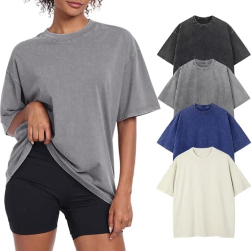 Womens Vintage Oversized T Shirts Acid Washed Baggy Cotton Tee Workout Gym Shirts Boyfriend Short Sleeve Tops