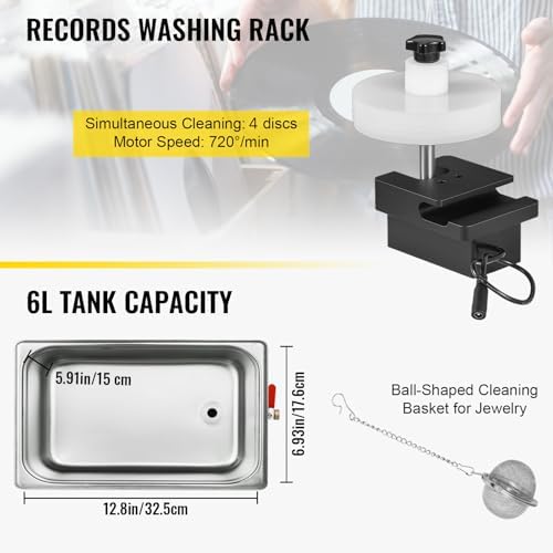 VEVOR Ultrasonic Vinyl Record Cleaner 6L 40kHz Vinyl Ultrasonic Cleaning Machine Knob Control Record Ultrasonic Cleaner 4 Records Vinyl Sonic Cleaner Stainless Steel Tank w/Mechanical Heater & Timer