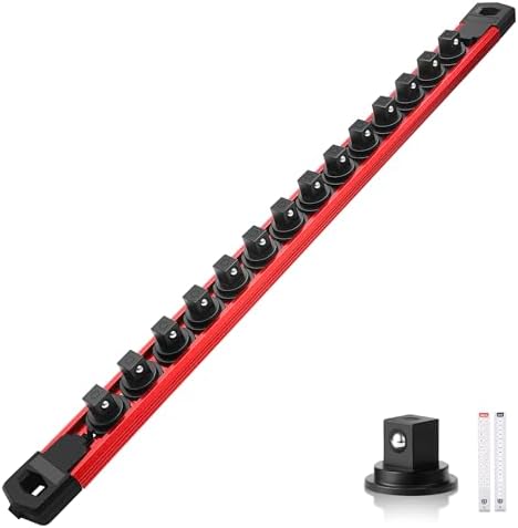 Reniteco Magnetic Socket Organizer, 3/8” Aluminum Alloy Rail, 14 Clips | Heavy-Duty Socket Rails, Removable 360° Swivel ABS Clips, Magnetic Base, Tool Box Drawer or Wall Mount