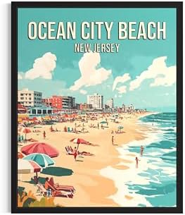 Ocean City Beach New Jersey Black Framed Wall Art Print Poster, US Vintage Retro Beach Scenery Posters Prints for Restroom Home Picture Painting Artwork Gallery 219 (Ocean City Beach New Jersey, 24"L x 18"W, Black Frame)
