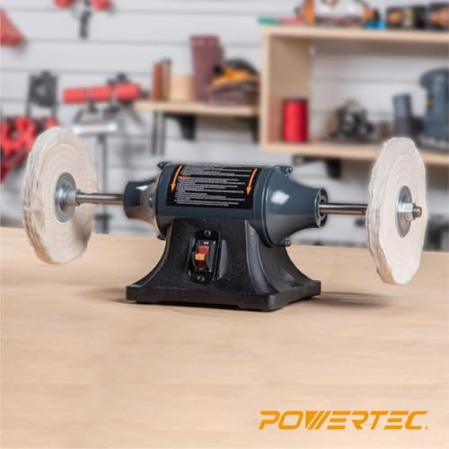 POWERTEC 8-Inch Bench Buffer Jewelry Polisher - Includes 2PCs 80Ply Thic Buffing Wheels + 2 Pack White & Yellow Polishing Wheels