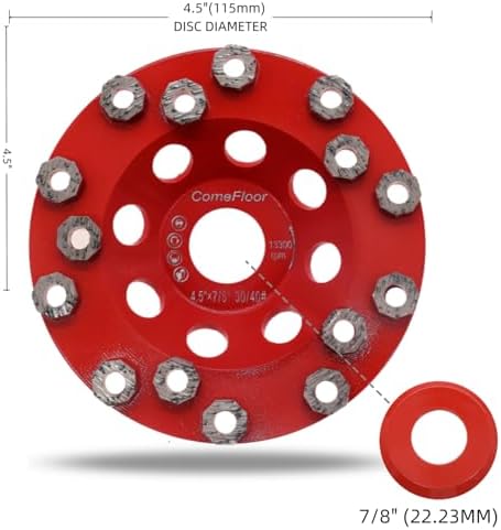 Diamond Grinding Cup Wheel for Hard Concrete Floor, Epoxy Coating Removal, 15 Aggressive Honeycomb Segments, 4.5 Inch 7/8" Arbor, 30/40 Grit