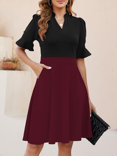Mokayee Womens Summer V Neck Ruffle Short Sleeve Fit and Flare Knee Length Church Wedding Guest Dresses with Pockets