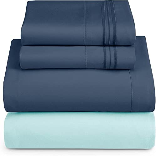 Nestl King Sheets Set - 4 Piece King Size Bed Sheets, Hotel Luxury, Extra Soft, Double Brushed Bedding for King Size, 2 Tone Aqua/Navy Set, Aqua Fitted Sheet, Navy Flat Sheet, Navy Pillow Case