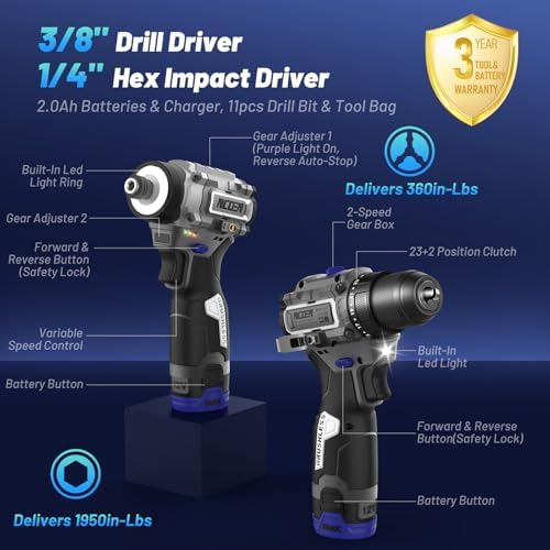 12V Power Cordless Drill and Impact Driver Combo with 2 Batteries and Fast Charger (3/8"Drill & 1/4"Hex Impact Driver) Drill and Impact Set for Home Installation (Used)