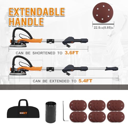 MAXXT Drywall Sander with Vacuum Dust Collection, Popcorn Ceiling Removal Tool, 6 Variable Speed Foldable Telescopic Electric WallSander, 600-1900RPM Power Sander Tool, LED Light, 18Pcs Sanding Discs