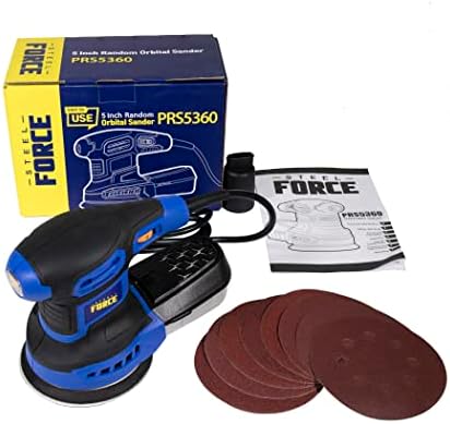 Steel Force PRS5360 5-inch 3.0A Random Orbit Sander with 8Pcs Sandpapers, 6 Variable Speed 6000-13000RPM and High-Performance Dust Collection System for Woodworking