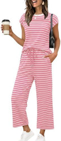 WIHOLL Two Piece Sets for Women Summer Spring Travel Vacation Outfits Cap Sleeve Lounge Matching Sets Wide Leg Pants S-3XL