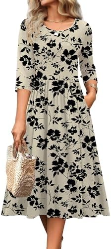 Zeagoo 3/4 Sleeve Women's Dress Casual Aline Summer Fall Midi Long Dresses