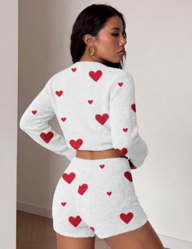 Ekouaer Fuzzy Fleece Pajamas 2 Piece Warm Soft Lounge Set Long Sleeve Sweater Top and Shorts Loungewear Outfits Sweatsuits
