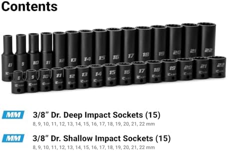 Capri Tools 3/8 in. Drive Shallow and Deep Impact Socket Set, 12-Point, Metric, 8 to 22 mm, 30-Piece with Purple Billet Aluminum Socket Rail