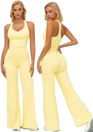 ABOCIW Two Piece Workout Sets for Women Racerback Tank Top Matching High Waist Wide Leg Yoga Pants Pilates Outfits